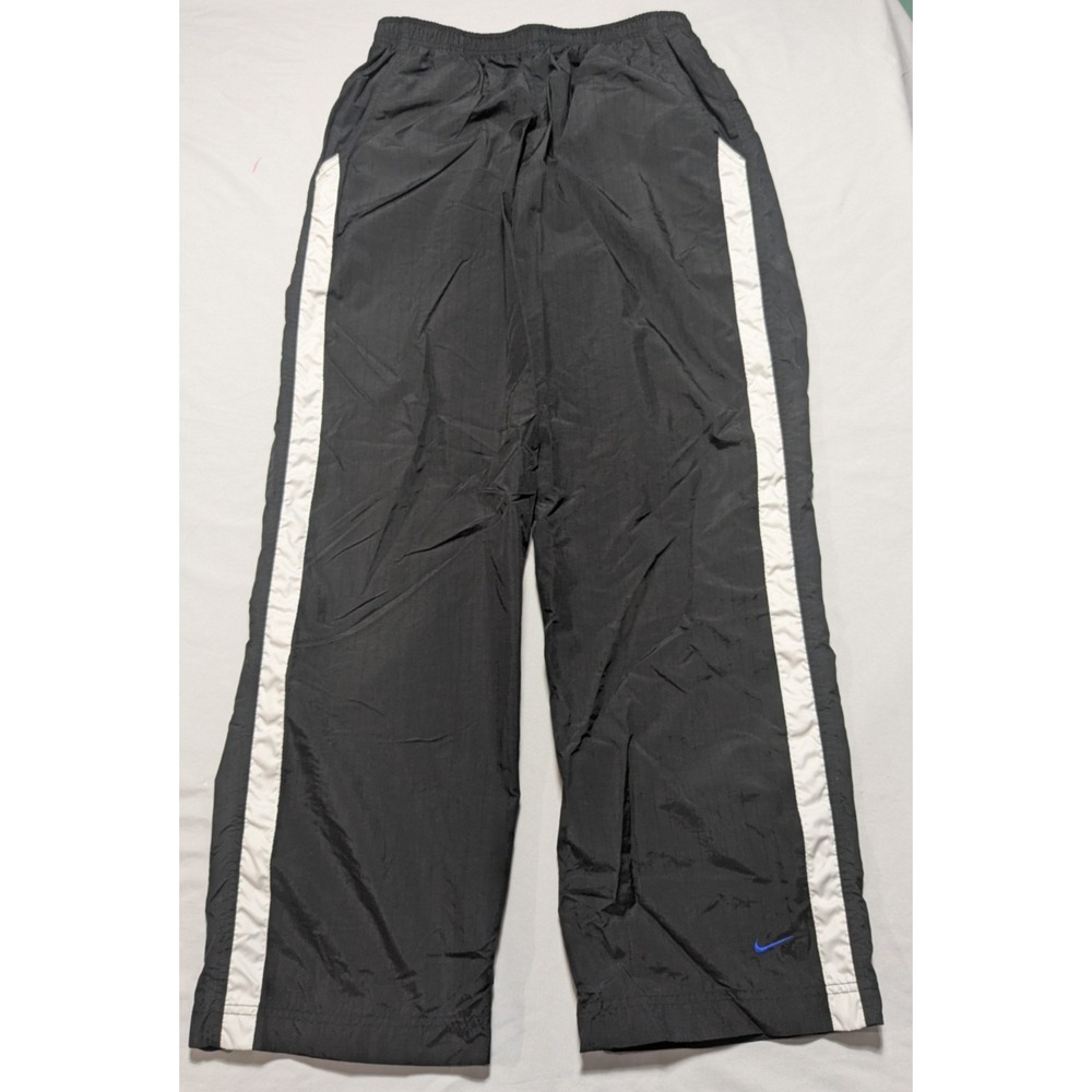 VTG 90s NIKE Men Large Black Track Pants White Side-Stripe Blue Ankle Swoosh EUC